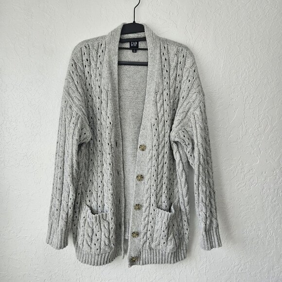 Gap womens Cable Knit Cardigan Sweater Sz Med grey Cabin normcore grandpa boho - Picture 1 of 13
